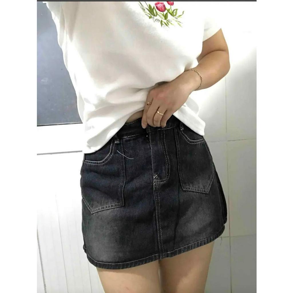Chân váy jeans chữ A ngắn lưng cao  hai túi trước phong cách TA-7069