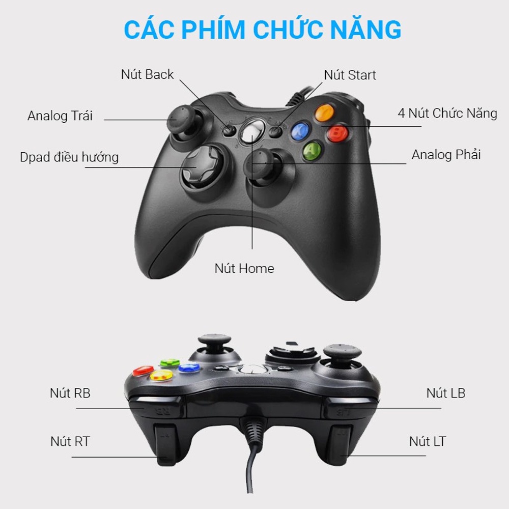 Tay cầm chơi game Microsoft Xbox 360 controller hỗ trợ mọi máy tính, có rung, nút nhạy, quẩy fo4, pes hết tầm - K1236