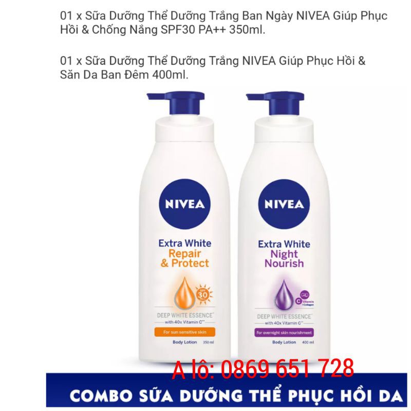 Bộ đôi Sữa dưỡng thể trắng da NIVEA Ngày (350ml) &amp; NIVEA Đêm (400ml)