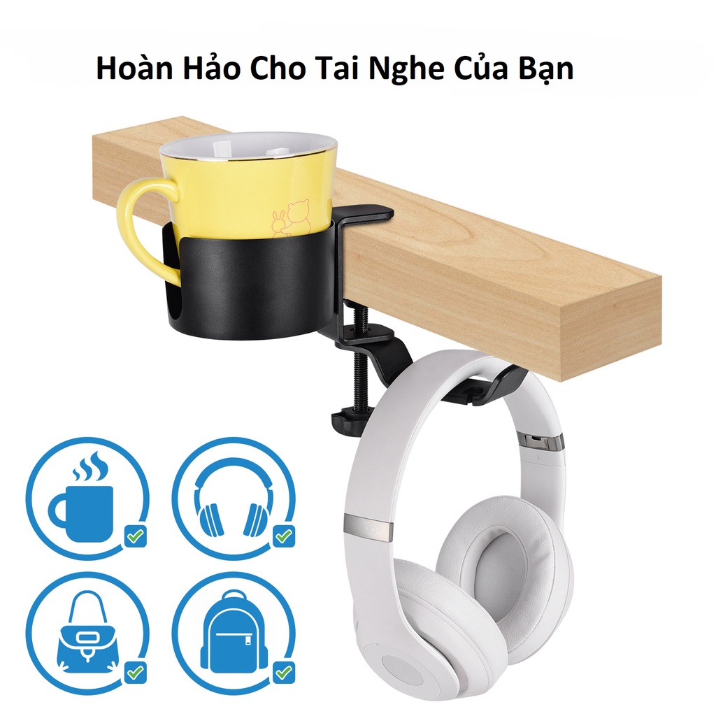 Giá Đỡ Tai Nghe Giá Treo Tai Nghe Kèm Đỡ Cốc Nước Kẹp Cạnh Bàn 2in1 Xoay 360 Độ Đa Năng Tiện Dụng