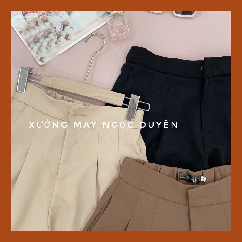 Quần short lưng cao nữ xếp ly giả váy đi biển cá tính dáng quần sooc đùi cạp cao ống rộng có túi mặc ở nhà ngang gối đùi
