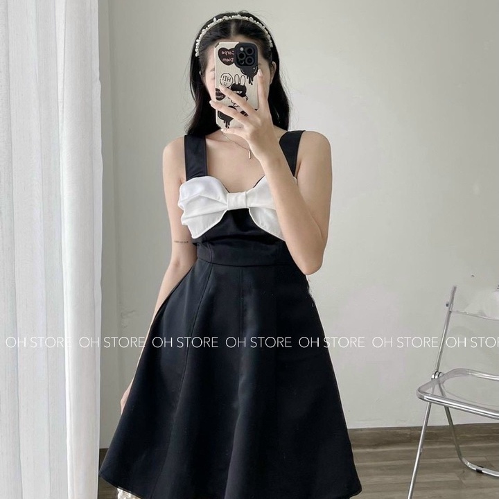 Đầm Đen Hai Dây Xòe Tiểu Thư Phối Nơ Ngực Đi Dự Tiệc - OH STORE