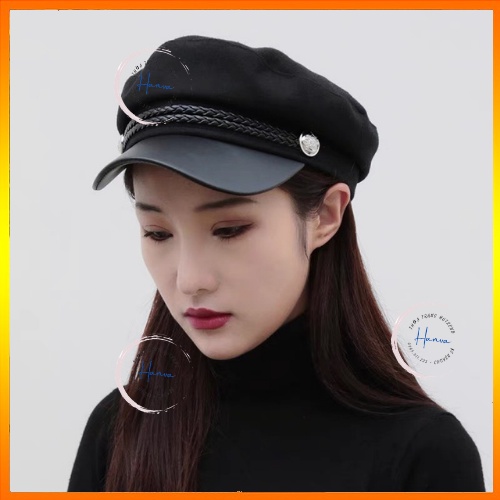 Mũ Beret Nữ Thủy Thủ Chất Dạ Vành Da Kèm Đai Vặn Thừng Đính Cúc Cá Tính Phong Cách Sang Chảnh Hanva