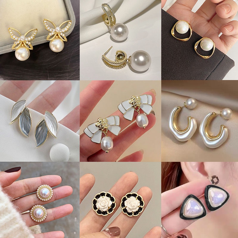 Khuyên tai mạ bạc 925 thiết kế đa dạng đính ngọc trai xinh xắn