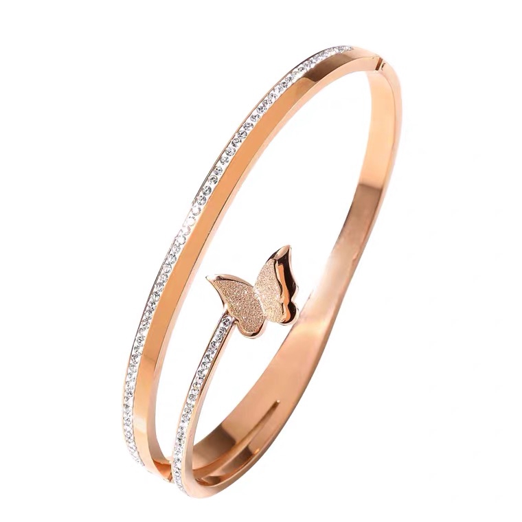 Vòng tay thép titan mạ vàng hồng 18k/ vàng/ bạc hình bướm đính đá zircon cách Hàn Quốc dễ phối đồ