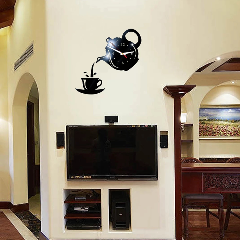 Đồng Hồ Dán Tường 3d Mặt Gương Hình Ấm Trà Sáng Tạo