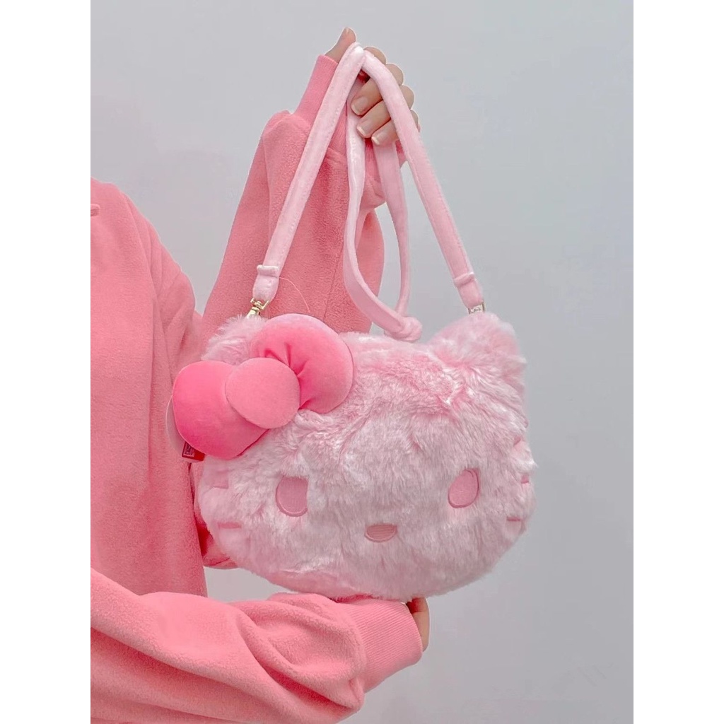 2024 Mới Túi Len Nữ Đeo Ngang Mùa Đông Sang Trọng Hello Kitty Dễ Thương Sang Trọng Một Vai Ba Lô