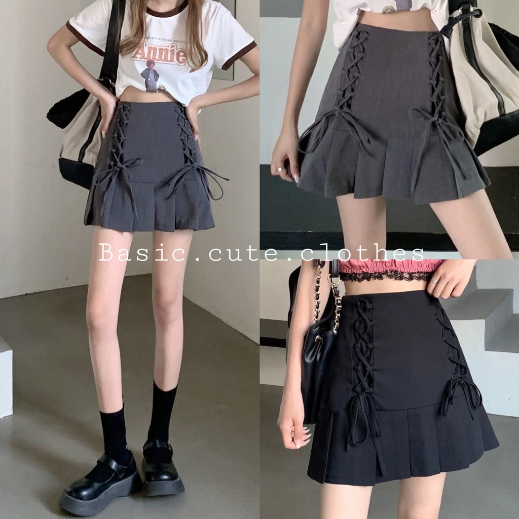 Chân váy xếp ly dáng đuôi cá đan nơ 2 bên trẻ trung năng động màu ghi và đen cơ bản order