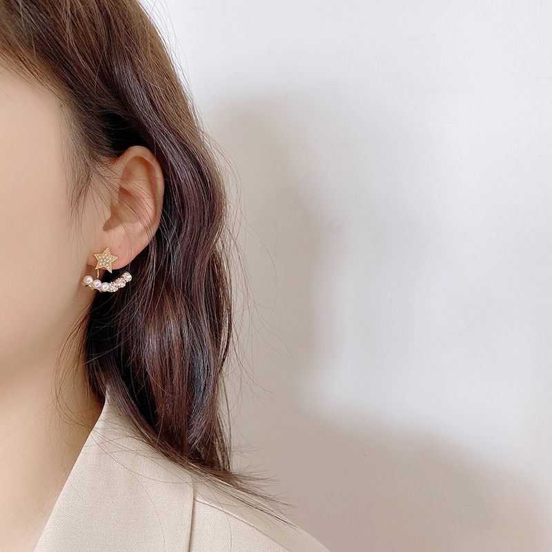 Bông Tai Mạ Bạc 925 Hình Ngôi Sao Năm Cánh Đính Đá Ngọc Trai Phong Cách Hàn Quốc