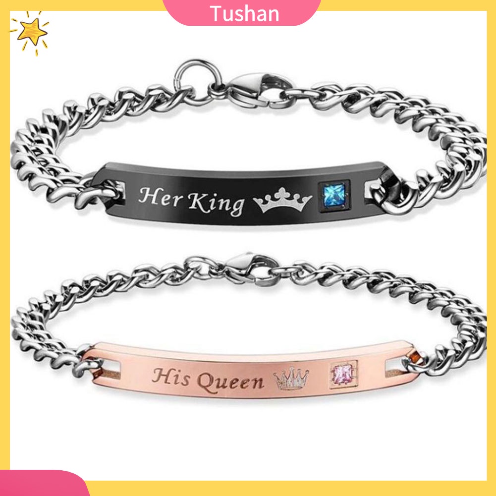 Vòng tay kim loại mặt chữ HIS QUEEN / HER KING cho cặp đôi