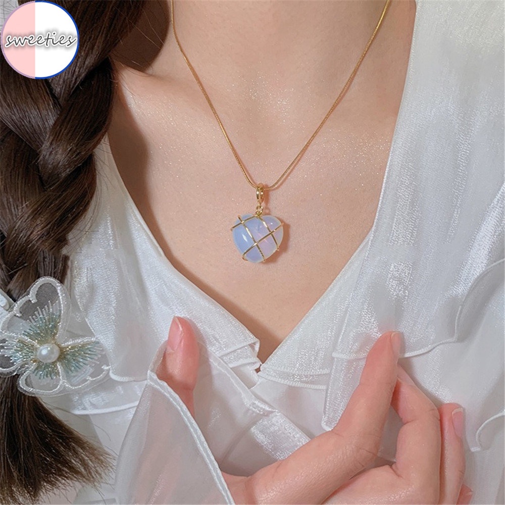 Vòng cổ Mặt Đá Opal Hình Trái Tim Màu Hồng Thời Trang Cho Nữ
