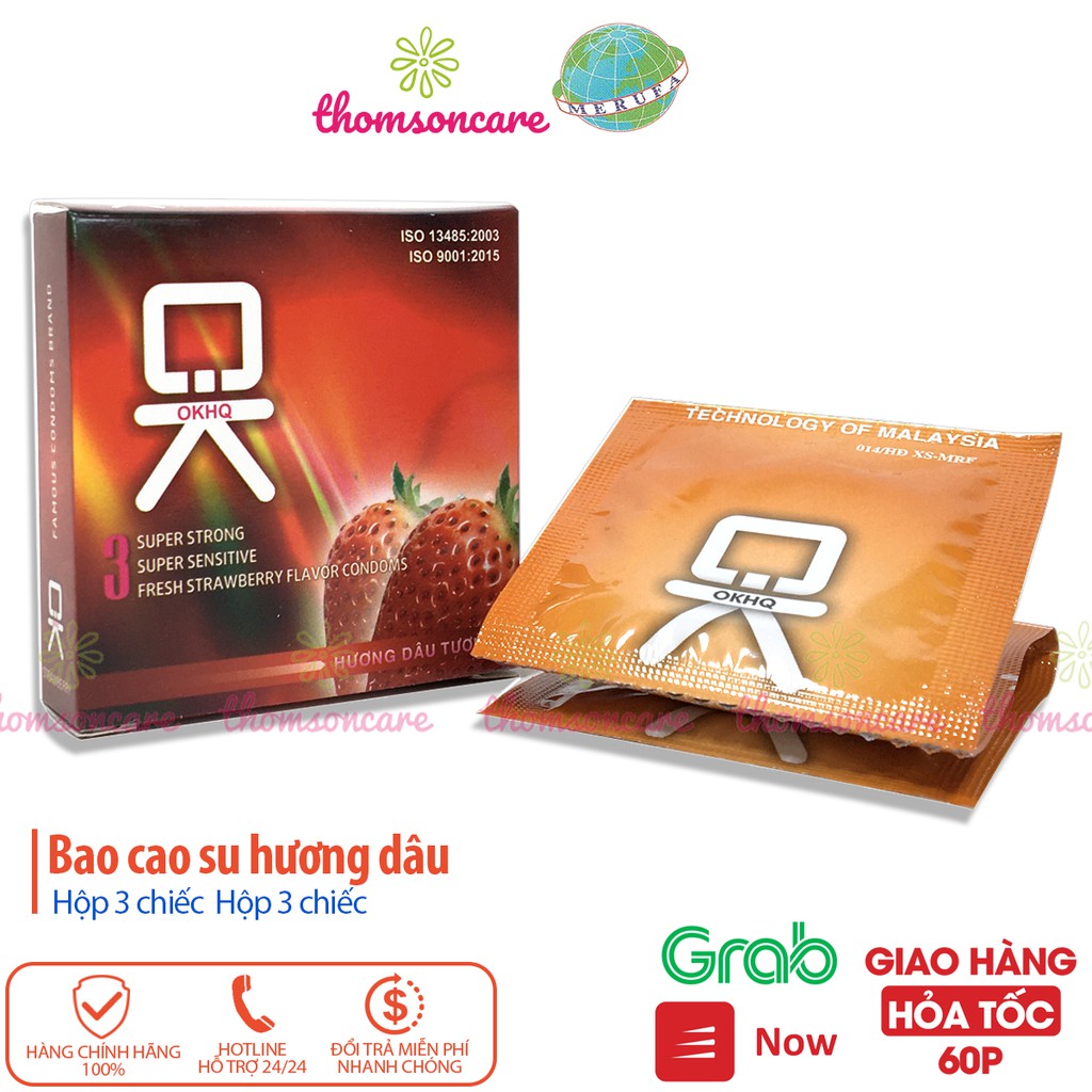 Bao cao su Ok hương dâu - giao hàng kín đáo, che tên sản phẩm - Hộp 3 chiếc bcs condom mỏng