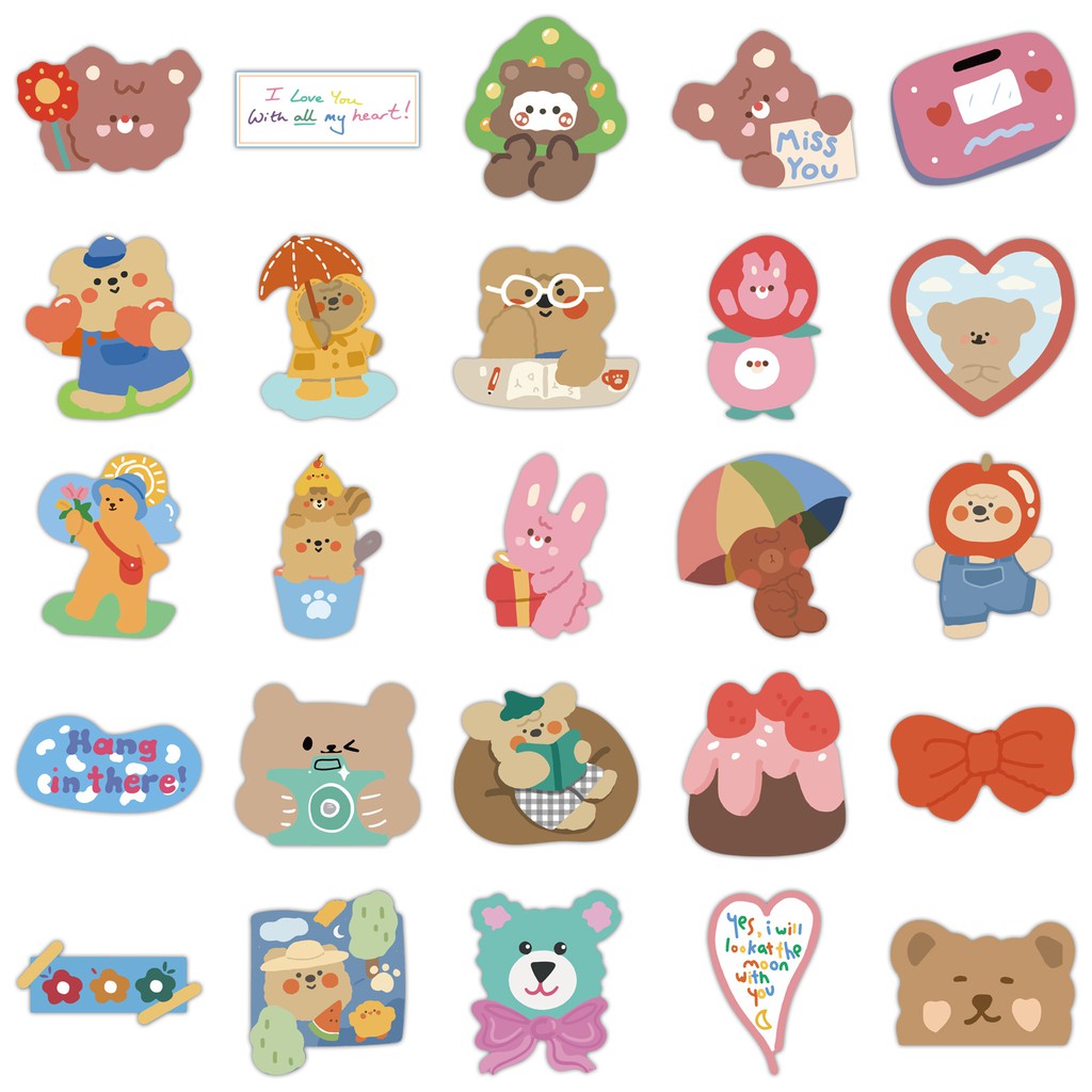 Sticker dán mũ bảo hiểm, hình dán chống nước, sticker dán laptop, điện thoại sét 50 miếng hình gấu dễ thương