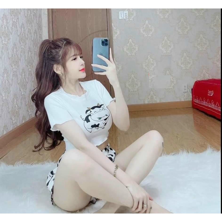 Set bộ quần áo bò sữa croptop 2 dây cộc tay và quần đùi loang mặc ngủ đi chơi- CUTEZOO