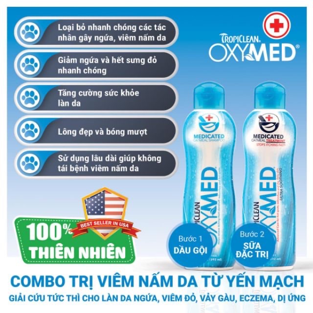 SỮA TẮM ĐẶC TRỊ NẤM DA VIÊM DA NGỨA DA CHO CHÓ MÈO TROPICLEAN OXYMED -TropiClean OxyMed