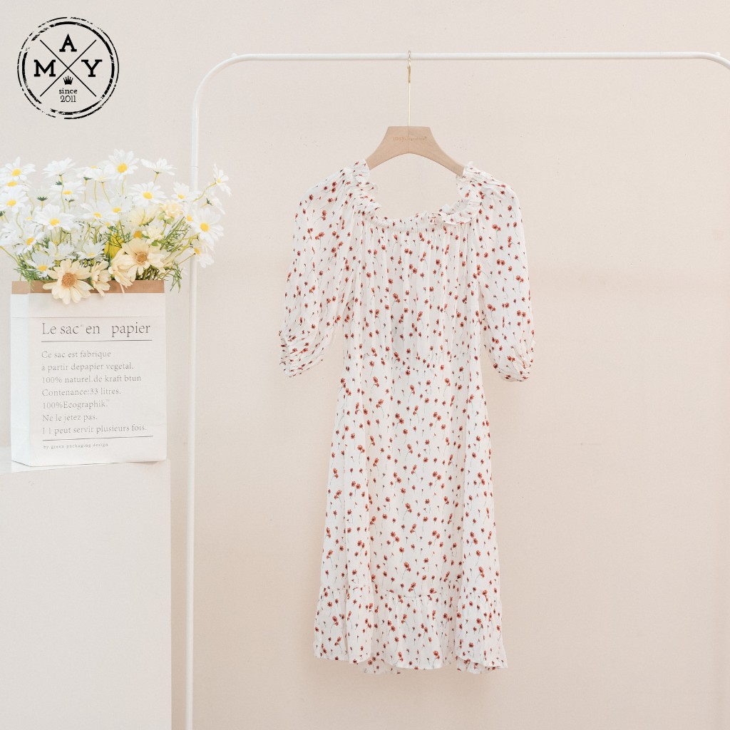 Váy Hoa Nhí, Váy Trễ Vai Dáng Xòe Thắt Eo Bo Tay Chân Váy Đuôi Cá DRESS0101-1408 MAY.SINCE201