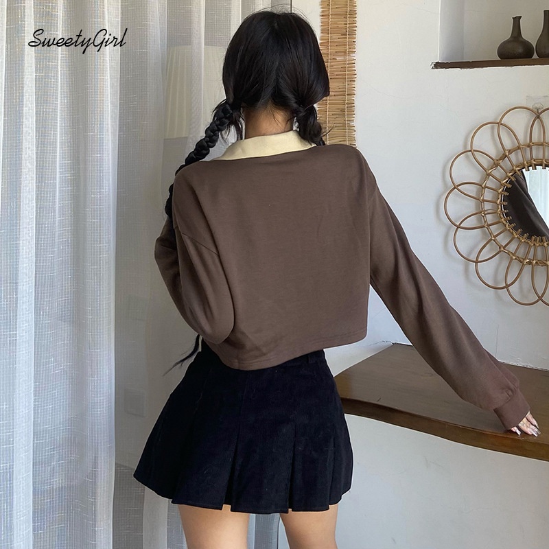 Áo Thun Tay Dài Cổ Chữ V Dáng Rộng In Chữ Phối Màu Tương Phản Thời Trang 2022 Cho Nữ