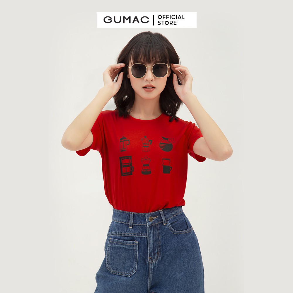Áo thun nữ in ấm trà GUMAC thiết kế năng động kiểu basic màu đỏ ATB357