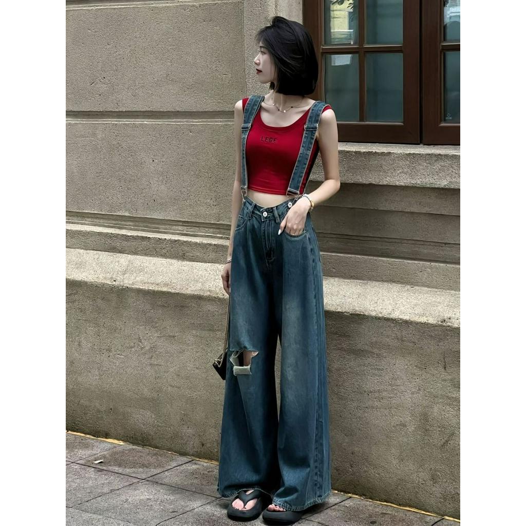 Quần Bò Rách, Quần Jean, Quần Rộng, quai yếm jeans cho nữ, tôn dáng, kéo chân