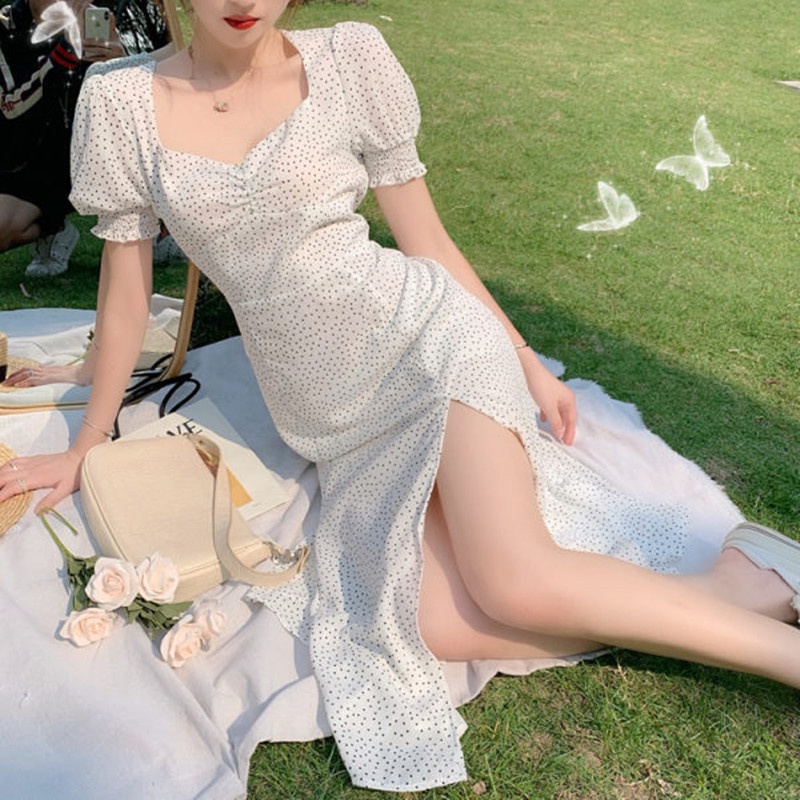 Đầm Dáng Ôm Xẻ Tà Họa Tiết Chấm Bi Phong Cách Pháp Thời Trang Mùa Hè Hàng Mới 2022
