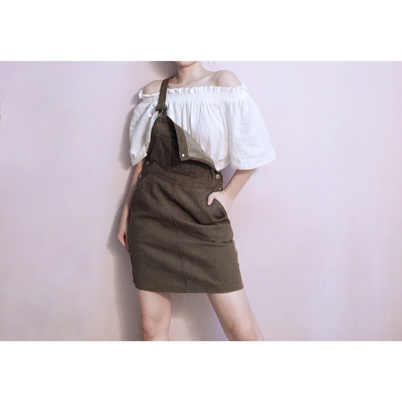 Yếm đầm kaki jean nâu bò cài nút