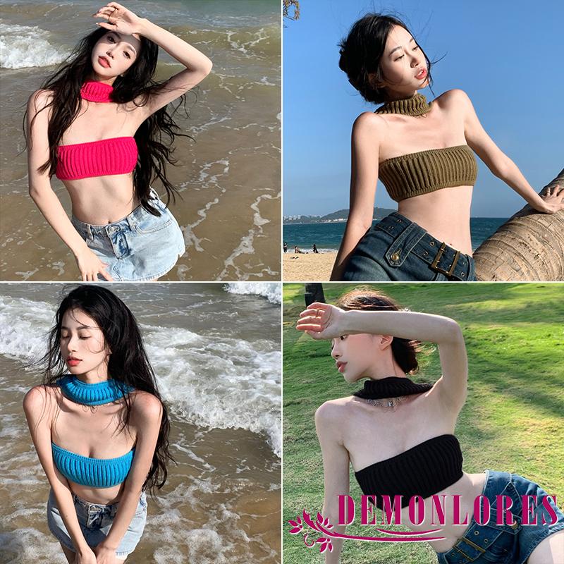 Áo Croptop Dệt Kim Cổ Yếm Hở Lưng Màu Sắc Trơn Thời Trang Mùa Hè Dành Cho Nữ