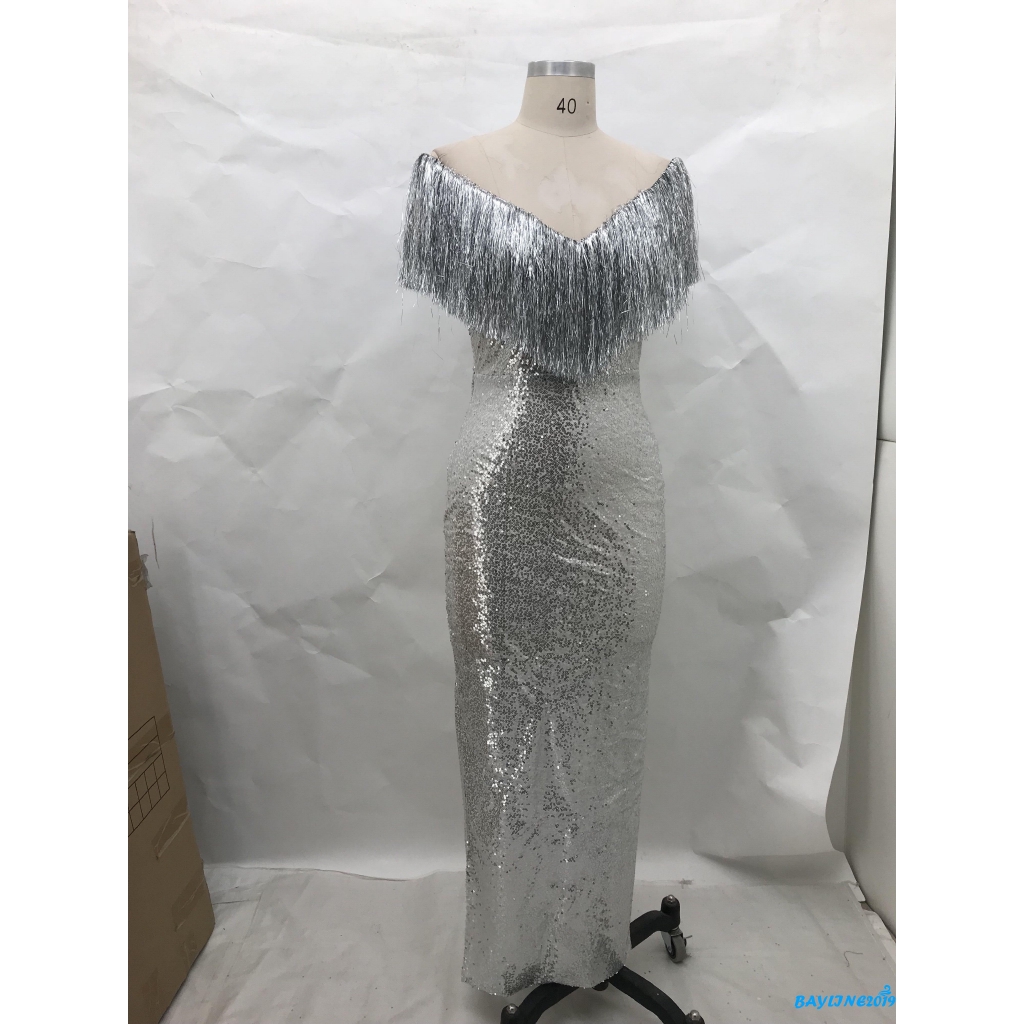 Đầm bó trễ vai cổ chữ V đính kim tuyến lấp lánh phối tua rua sang trọng dành cho nữ