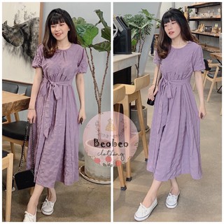Đầm suông babydoll tím tay phồng thắt nơ vintage