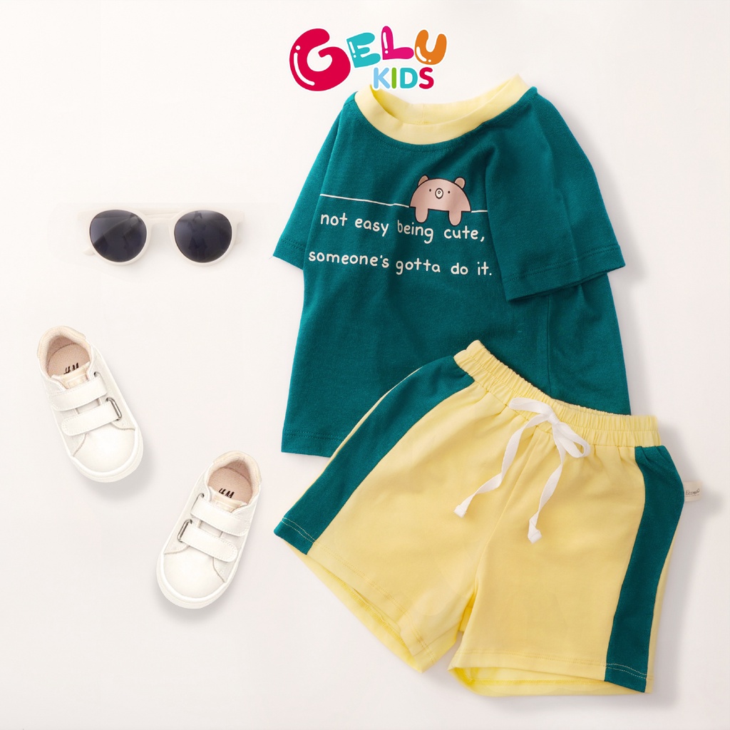 Bộ quần áo bé trai bé gái cộc tay in chữ cổ phối màu đáng yêu cho bé trai, bé gái - GELU Kids GLQA02