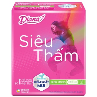 Băng vệ sinh Diana siêu thấm siêu mỏng 8 miếng (có cánh, không cánh, ngày nhiều 29cm)