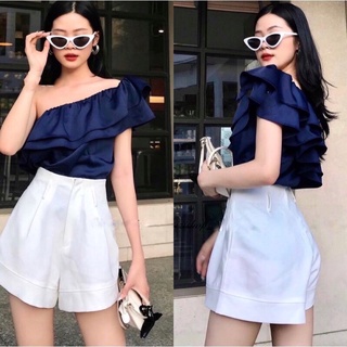 Áo kiểu lệch vai hai tầng viền bèo thiết kế nữ tính sang trọng