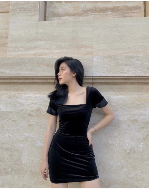 Đầm đen ôm Velveett Dress chất nhung lạ độc lạ sang chảnh có dây khoá sau lưng cổ vuông from tôn dáng vải co dãn nhẹ