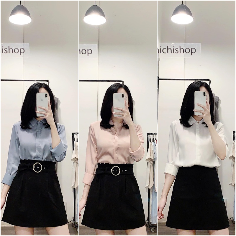 Áo sơ mi lụa nẹp cúc hot hit màu hồng-xanh-trắng - 78A04