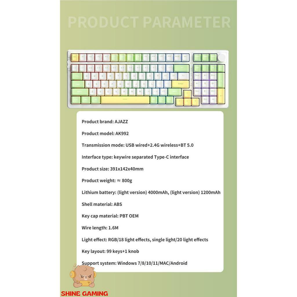 BAJAZZ AK992 RGB 100 Phím Bluetooth Bàn Phím Cơ Chơi Game Hot Swap Không Dây Bàn Phím 2.4G USB Tri-mode Cho R Máy Tính X