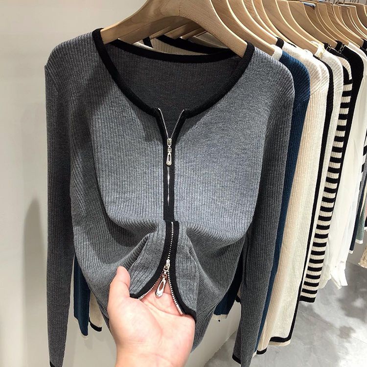 Áo Khoác Cardigan Dệt Kim Tay Dài Có Khóa Kéo Đôi Phong Cách Hàn Quốc Thời Trang Thu Đông 2021 Hàng Mới