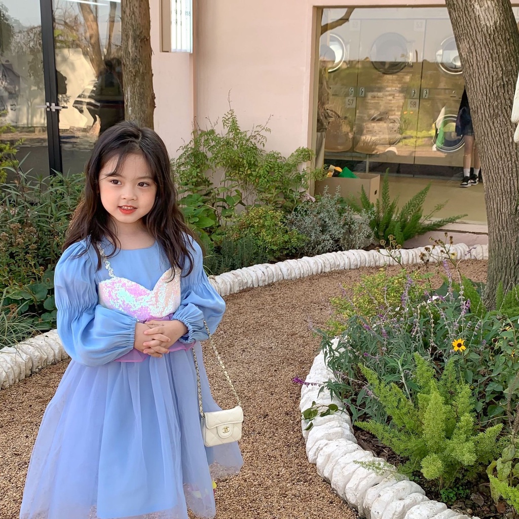 V103 - Váy voan nàng tiên cá sz 90-140, đính kim sa, voan bồng bềnh, thời trang dự tiệc cho bé thu đông 2022