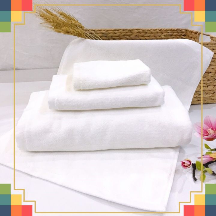 Bộ khăn khách sạn, spa trắng cao cấp, chất cotton dày dặn mềm mịn không xù lông, thấm hút nước tốt