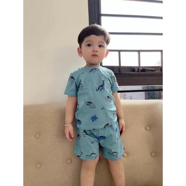 Bộ thun cộc tay hè khủng long bé trai (7-22kg), Set 3 bộ mặc nhà cotton cổ tròn họa tiết ngộ nghĩnh chất mềm mát