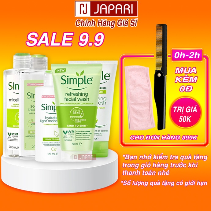 Combo Sữa Rửa Mặt Simple + Nước Tẩy Trang Simple + Toner Nước Hoa Hồng Simple + Kem Dưỡng Ẩm Simple Chính Hãng Japari