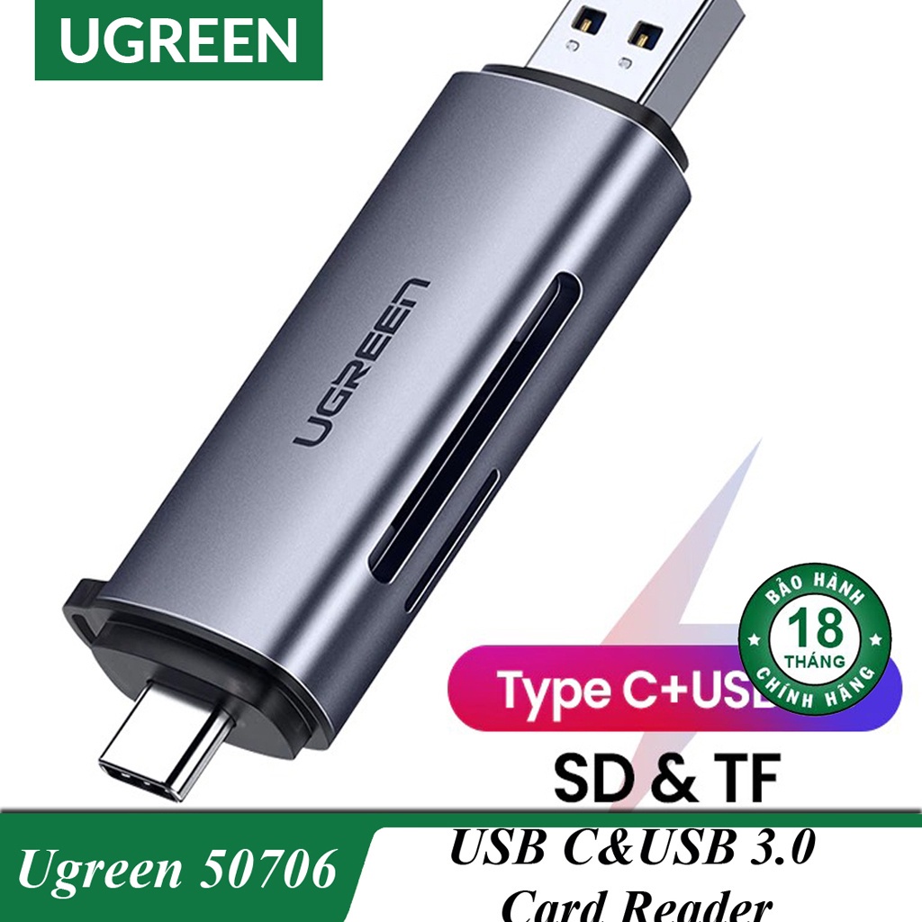 Đầu đọc thẻ nhớ SD/TF chuẩn USB Type C và USB 3.0 Ugreen 50706 chính hãng