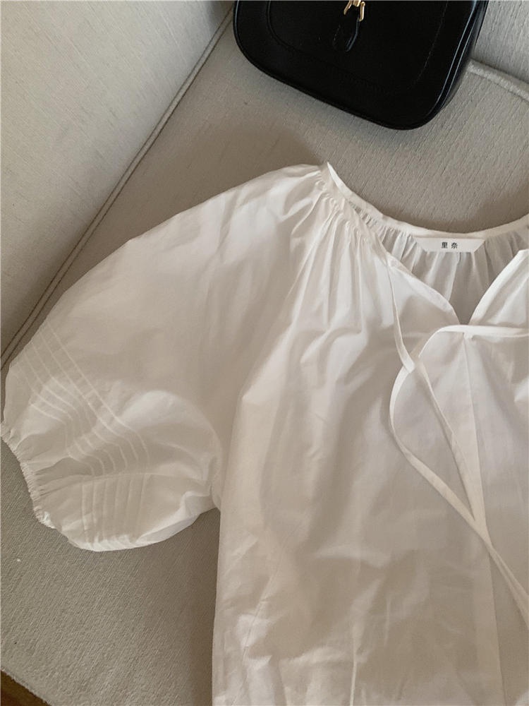 Áo Sơ Mi Tay Ngắn Cột Dây Màu Trắng Trơn Thoải Mái Thời Trang Mùa Hè 50916