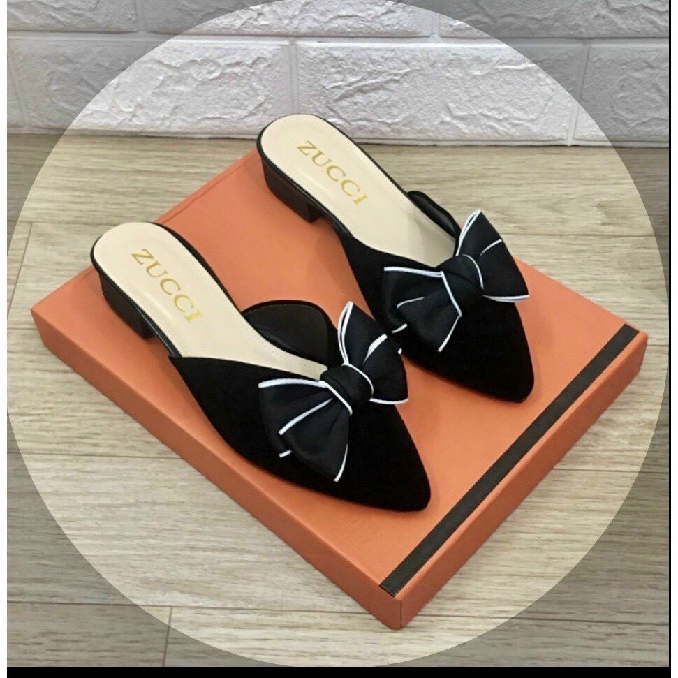 Giày sục nỉ nhung mũi nhọn nơ ren đế thấp - 2P