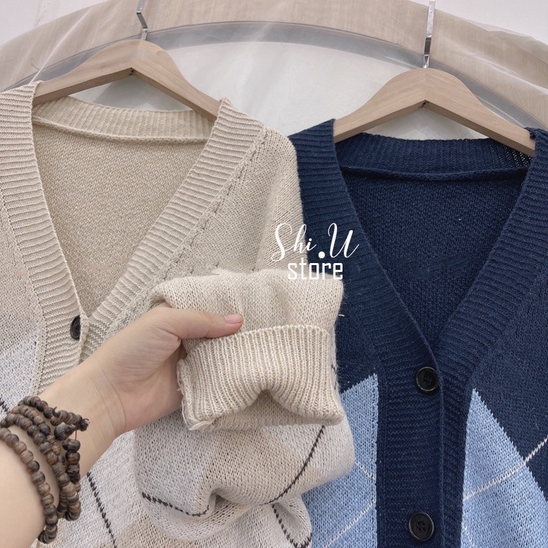 Áo Khoác Len Cardigan Tay Dài Kẻ Caro Quả Trám Dáng Rộng Ulzzang Hàng QC Chất Dày Mịn | BigBuy360 - bigbuy360.vn