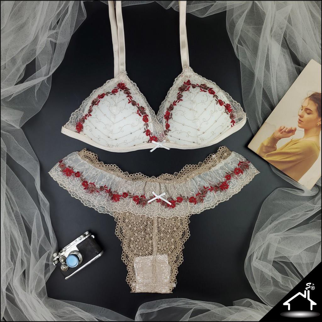 Bộ đồ lót sexy by Nhà Sò ren trắng viền hoa đỏ quần công chúa NS030