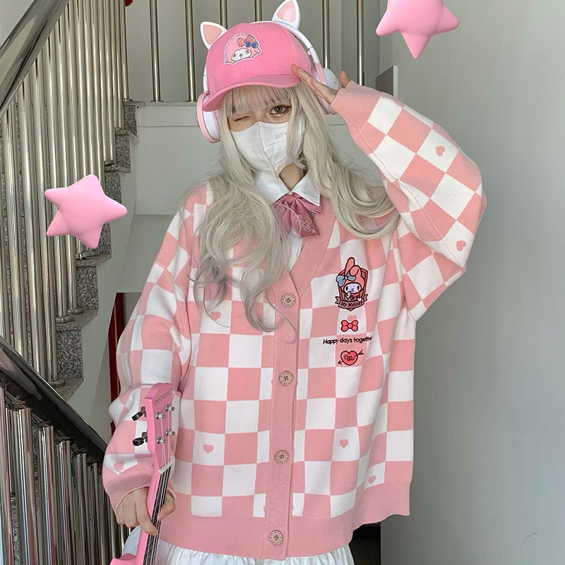 My Melody Kawaii Japanese Harajuku Cinnamon Dog Kuromi JK Loose Sweater Checkerboard Sweet Cute Cardigan