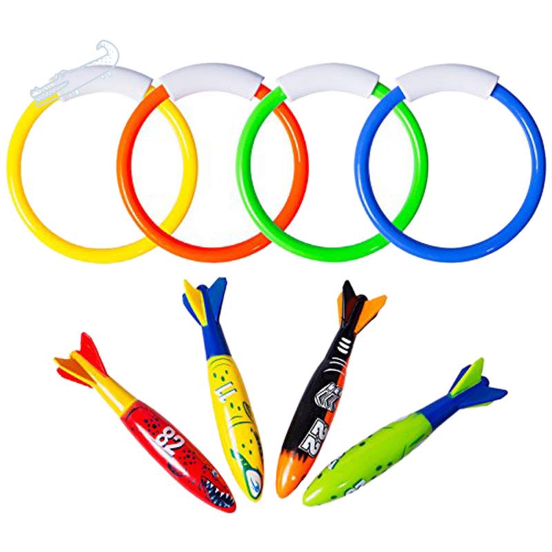 8 Pcs Underwater Swimming Pool Diving Rings, Diving Throw Torpedo Bandits Toys For Kids Gift Set. Tr