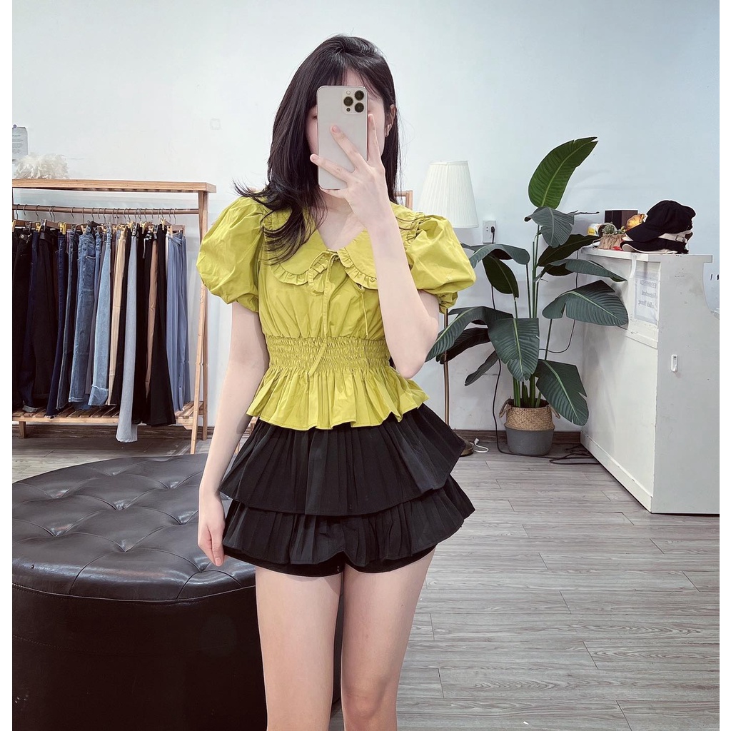 Áo kiểu nữ cổ sen tay bồng chun eo chất thô hàn