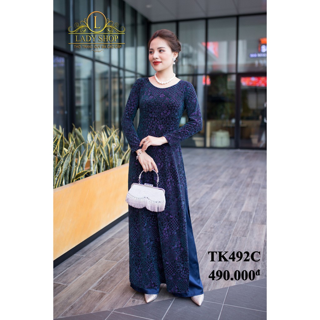 ÁO DÀI TRUNG NIÊN CAO CẤP - LADYSHOP - Áo dài nhũ hoa nhí vàng nâu TK492