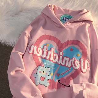 Áo Hoodie Dáng Rộng In Họa Tiết Gấu Và Trái Tim Phong Cách Harajuku Thu Đông Hàng Mới Dành Cho Nữ Sinh