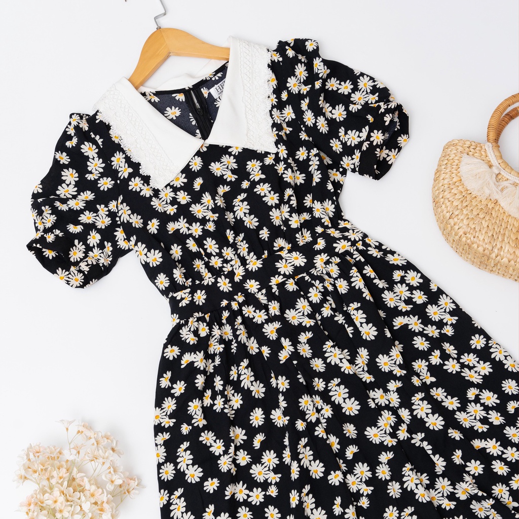 Váy hoa nhí, đầm maxi hoa nhí HECCI phối cổ ren dáng xòe nữ tính V72